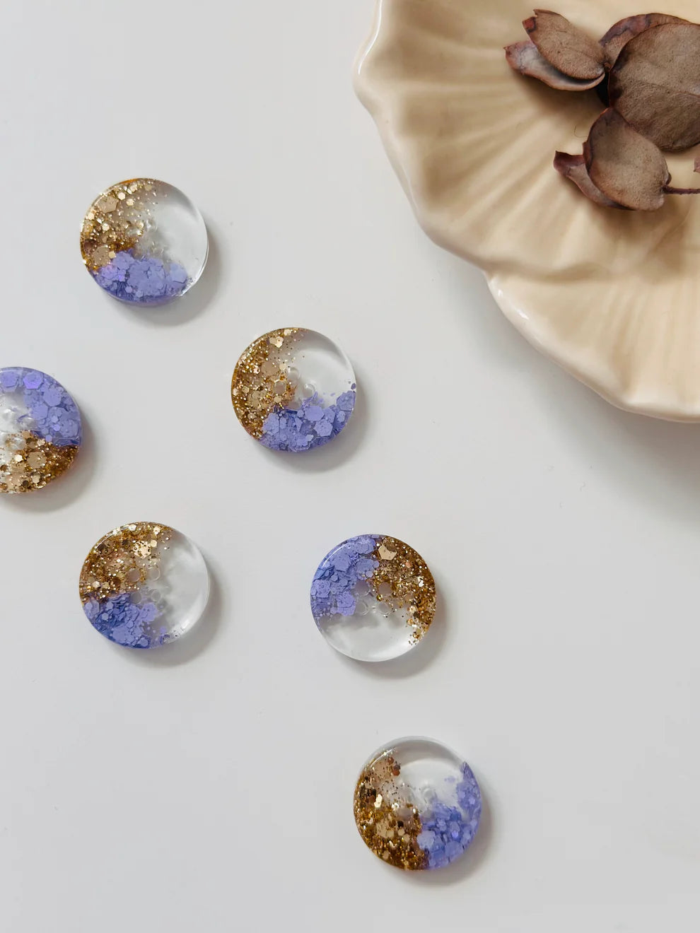 Boutons en résine et paillettes – Laurel Knits (lot de 10, Ø 15 mm)